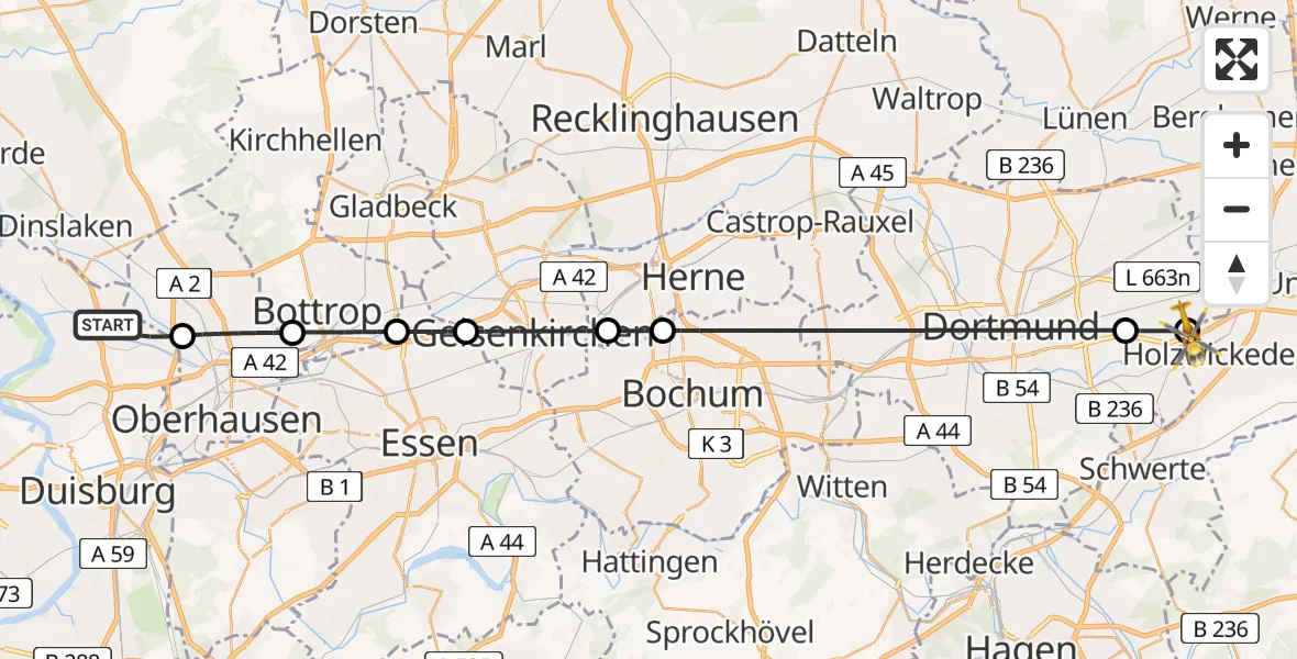 Flugroute Rettungshubschrauber Duisburg - Dortmund Flughafen, 29 Juli 2026, 15:13