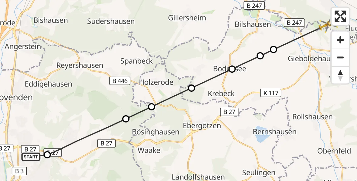 Flugroute Rettungshubschrauber Göttingen University Clinic Hubschrauberlandeplatz - Hattorf am Harz, 29 Juli 2026, 15:13