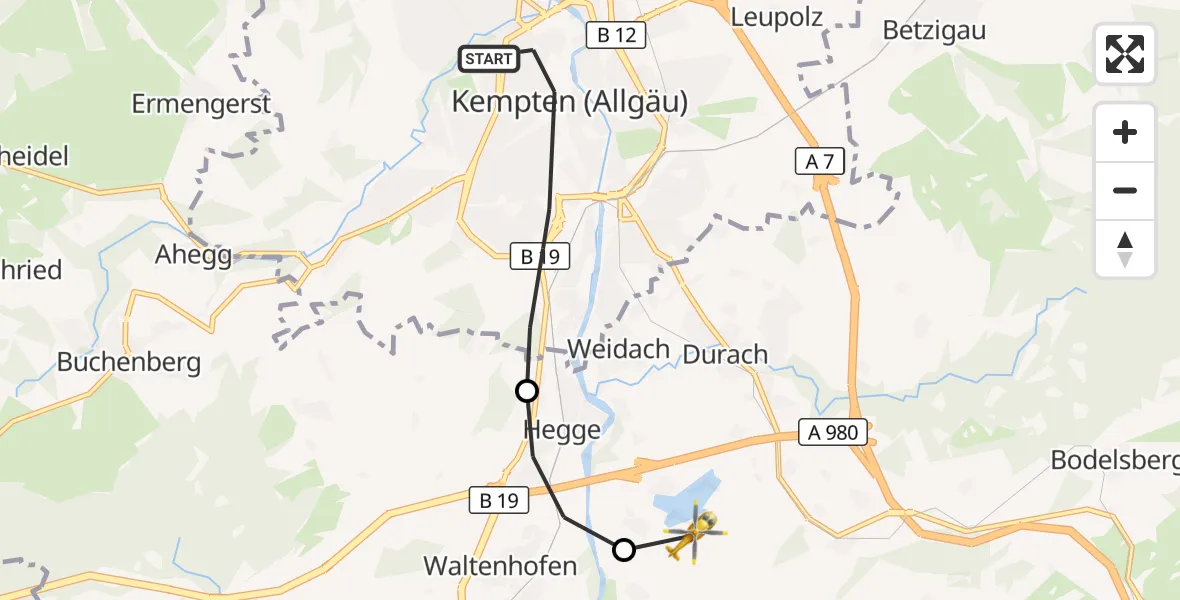 Flugroute Rettungshubschrauber Kempten (Allgäu) - Sulzberg, 29 Juli 2026, 15:19