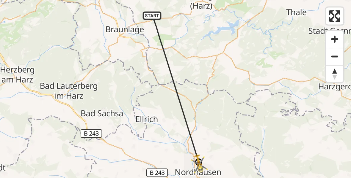 Flugroute Rettungshubschrauber Oberharz am Brocken - Südharz Hospital Nordhausen Hubschrauberlandeplatz, 29 Juli 2026, 15:19