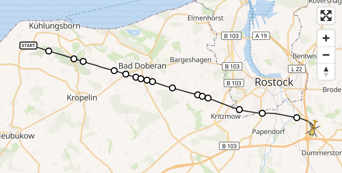 Flugroute Ambulanzhubschrauber Bastorf - Dummerstorf, 29 Juli 2026, 15:33