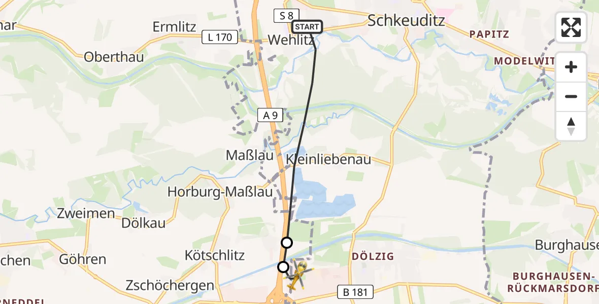 Flugroute Rettungshubschrauber Schkeuditz - ADAC Air Rescue Station Leipzig/Schkeuditz-Dölzig Hubschrauberlandeplatz (Christoph 61), 29 Juli 2026, 15:35