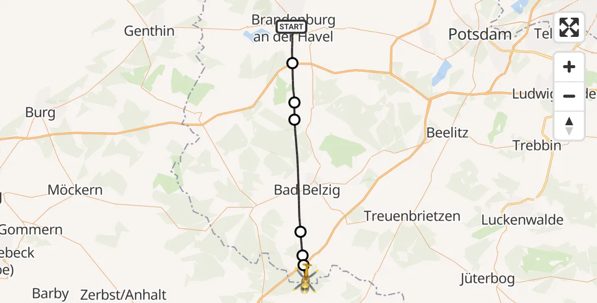 Flugroute Rettungshubschrauber Brandenburg an der Havel - Rabenstein/Fläming, 29 Juli 2026, 15:44
