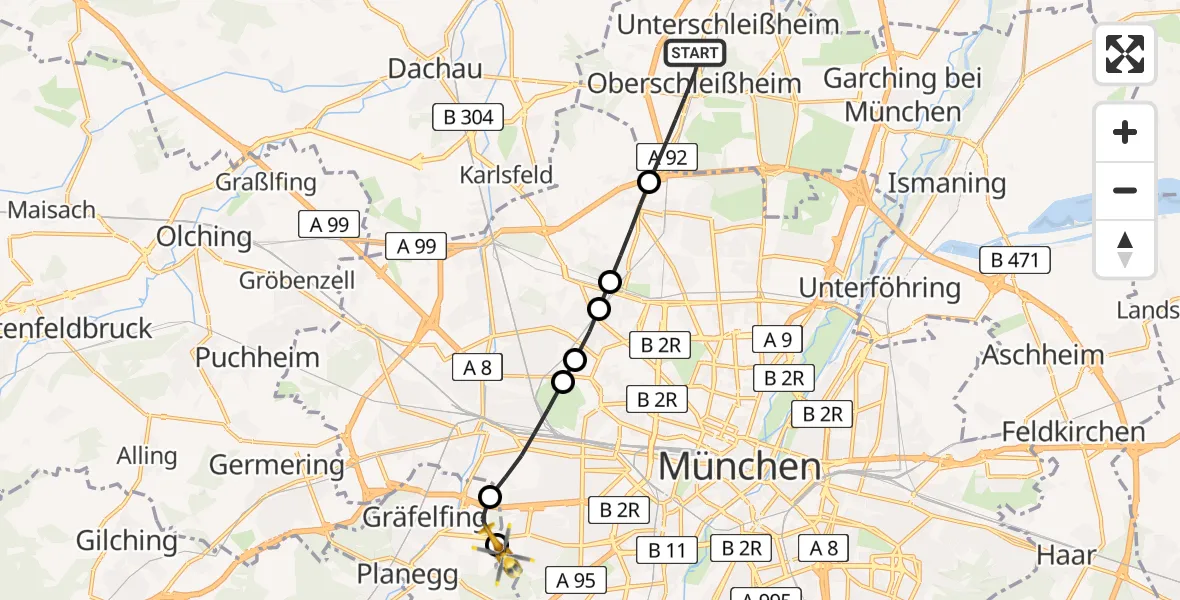 Flugroute Rettungshubschrauber Oberschleißheim - DRF Air Rescue München Hubschrauberlandeplatz, 29 Juli 2026, 15:46