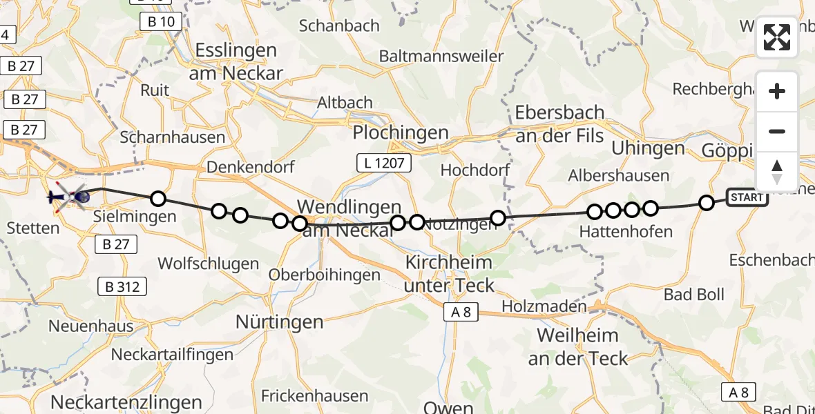 Flugroute Polizeihubschrauber Heiningen - Flughafen Stuttgart, 29 Juli 2026, 16:05