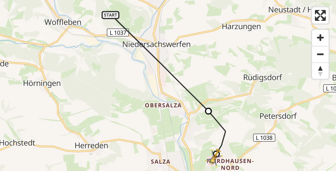 Flugroute Rettungshubschrauber Harztor - Südharz Hospital Nordhausen, 29 Juli 2026, 16:06
