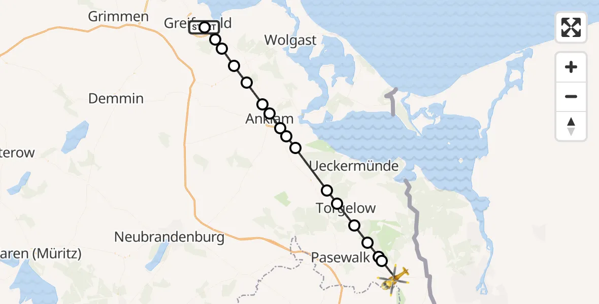 Flugroute Rettungshubschrauber Greifswald Hospital - Löcknitz, 29 Juli 2026, 16:10