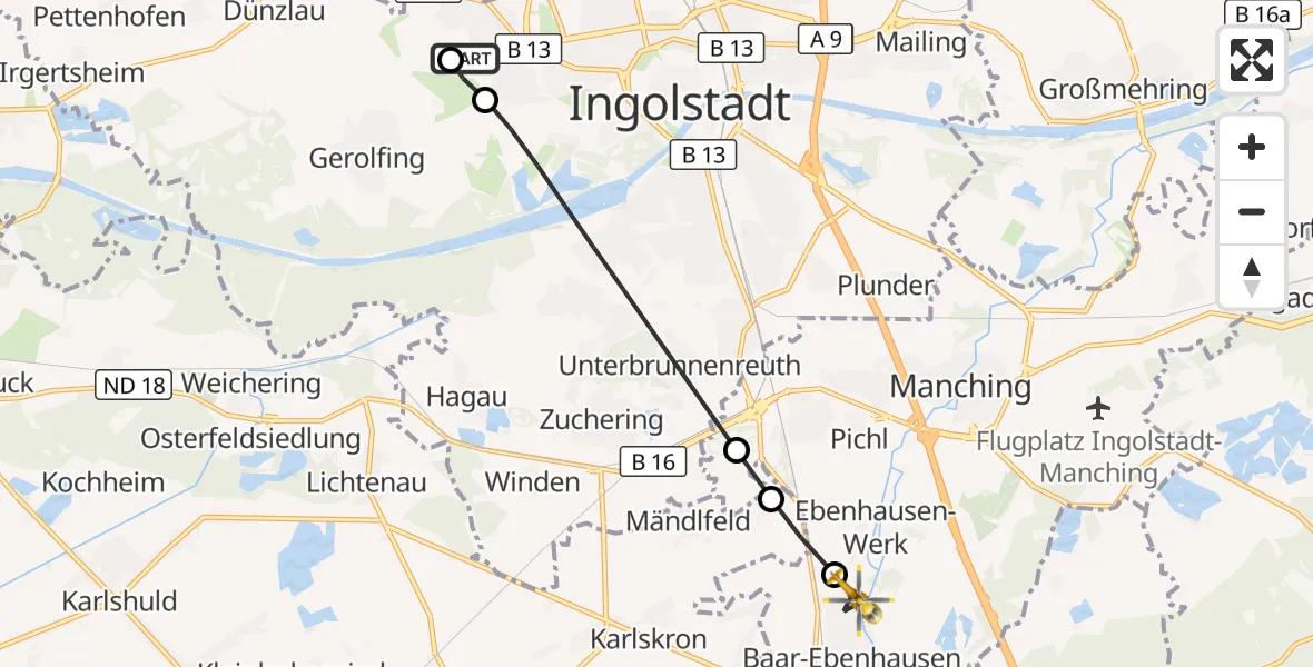 Flugroute Rettungshubschrauber Ingolstadt Hospital - Baar-Ebenhausen, 29 Juli 2026, 16:11