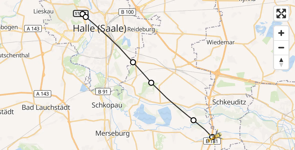 Flugroute Rettungshubschrauber Halle (Saale) University Hospital - ADAC Air Rescue Station Leipzig/Schkeuditz-Dölzig Hubschrauberlandeplatz (Christoph 61), 29 Juli 2026, 16:11