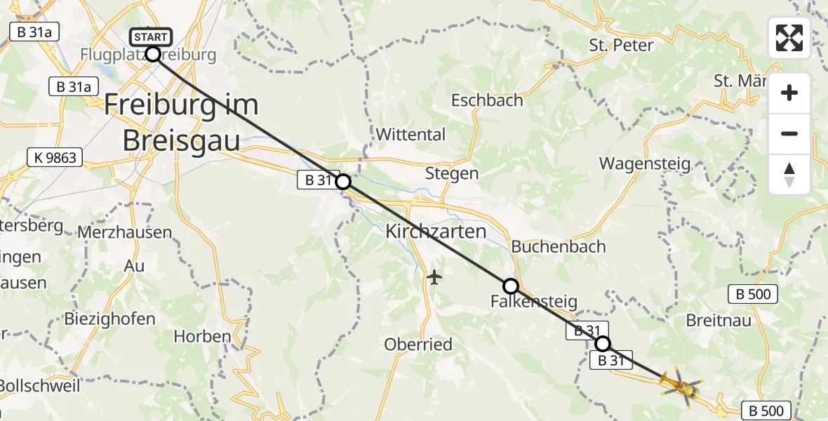 Flugroute Ambulanzhubschrauber Freiburg im Breisgau Flugplatz - Breitnau, 29 Juli 2026, 16:13