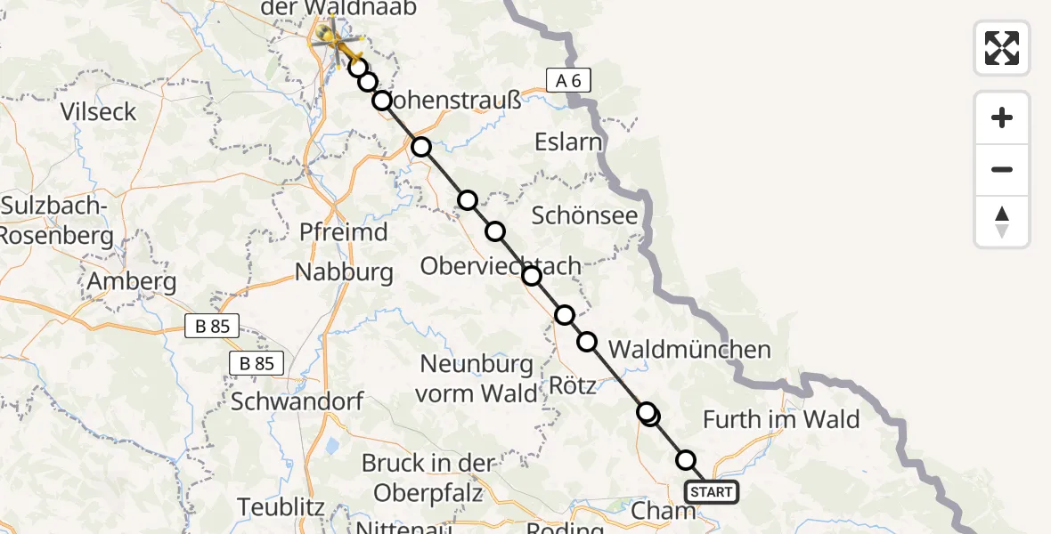 Flugroute Ambulanzhubschrauber Cham - Weiden i.d.OPf., 29 Juli 2026, 16:15