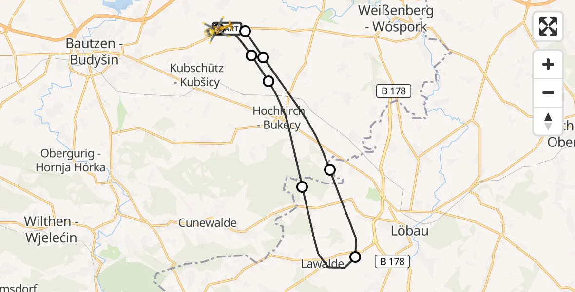 Flugroute Rettungshubschrauber Kubschütz - Bautzen Flugplatz, 29 Juli 2026, 16:15