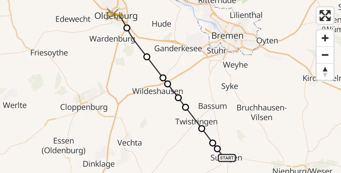 Flugroute Rettungshubschrauber Sulingen - Oldenburg (Oldb), 29 Juli 2026, 16:18