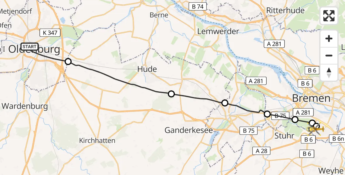 Flugroute Rettungshubschrauber Oldenburg (Oldb) - ADAC Air Rescue Station Bremen Hubschrauberlandeplatz (Christoph 6), 29 Juli 2026, 16:34