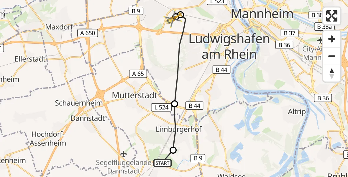 Flugroute Rettungshubschrauber Schifferstadt - Ludwigshafen Accident Hospital, 29 Juli 2026, 16:34