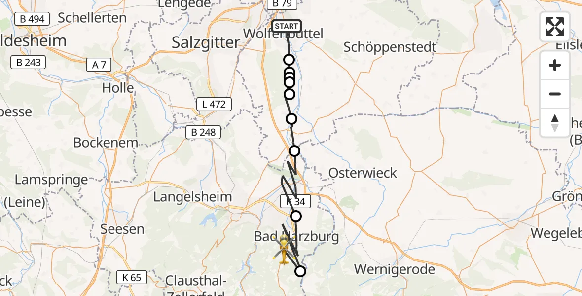 Flugroute Rettungshubschrauber Wolfenbüttel - Harz (Landkreis Goslar), 29 Juli 2026, 16:40