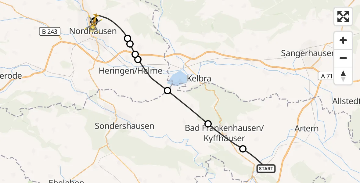 Flugroute Rettungshubschrauber An der Schmücke - Südharz Hospital Nordhausen, 29 Juli 2026, 16:40