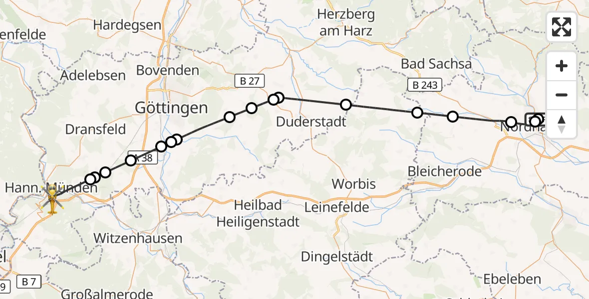 Flugroute Rettungshubschrauber Südharz Hospital Nordhausen - Hann.Münden, 29 Juli 2026, 16:42