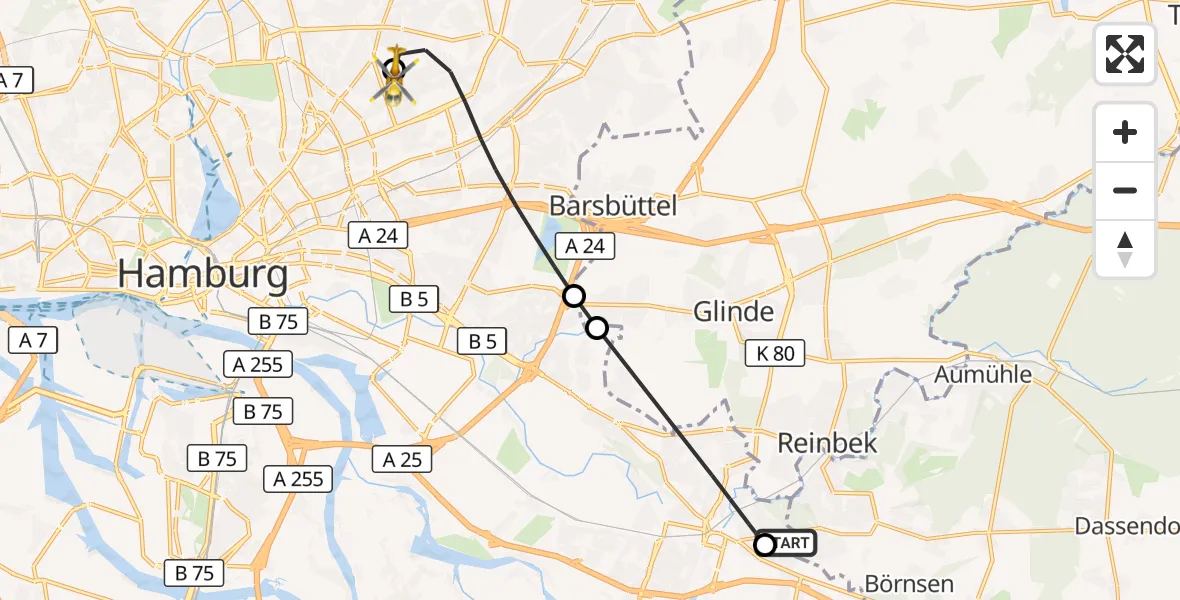 Flugroute Rettungshubschrauber Bethesda Hospital - Hamburg Military Hospital, 29 Juli 2026, 16:49