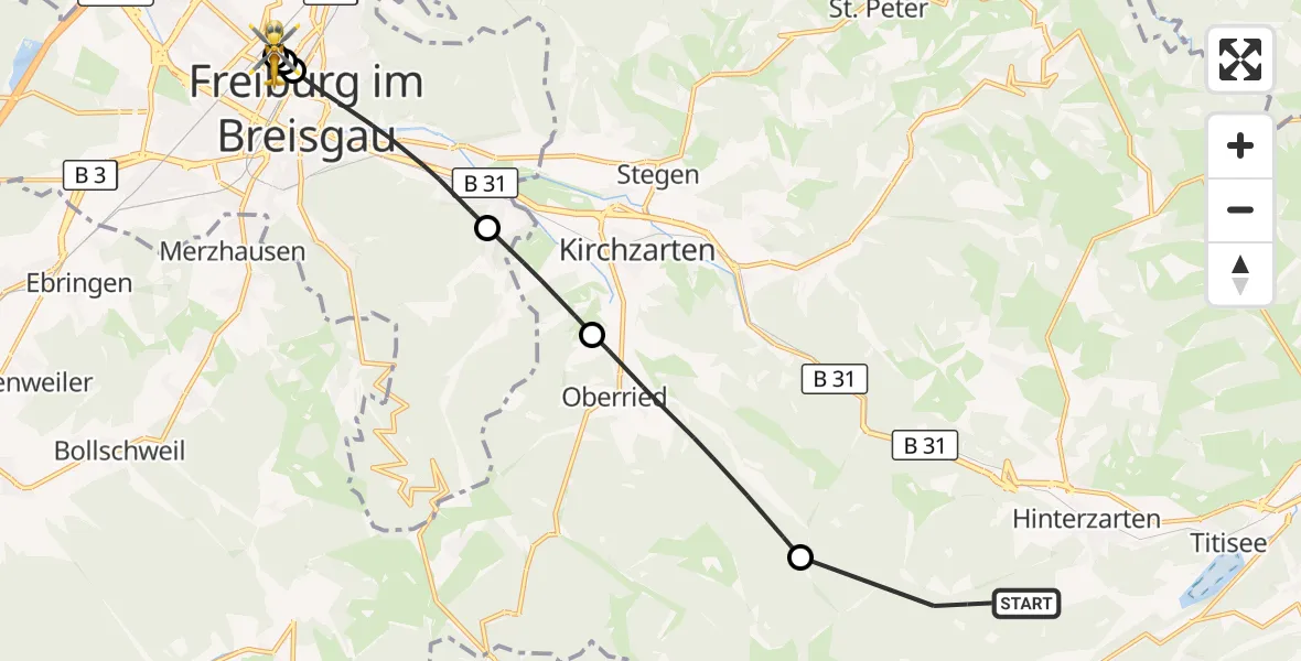Flugroute Ambulanzhubschrauber Hinterzarten - Freiburg University Hospital Heliport 1, 29 Juli 2026, 16:50