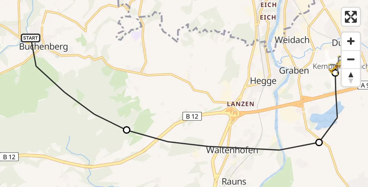 Flugroute Rettungshubschrauber Buchenberg - Kempten-Durach Flugplatz, 29 Juli 2026, 16:54