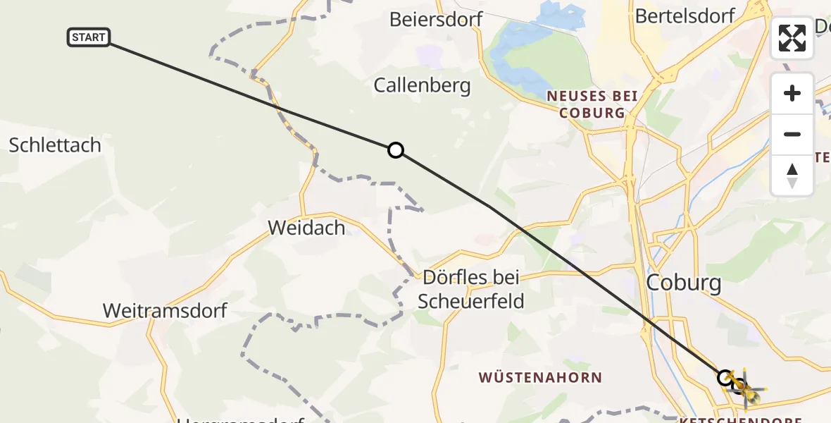 Flugroute Rettungshubschrauber Weitramsdorf - Regiomed Hospital Coburg, 29 Juli 2026, 16:57