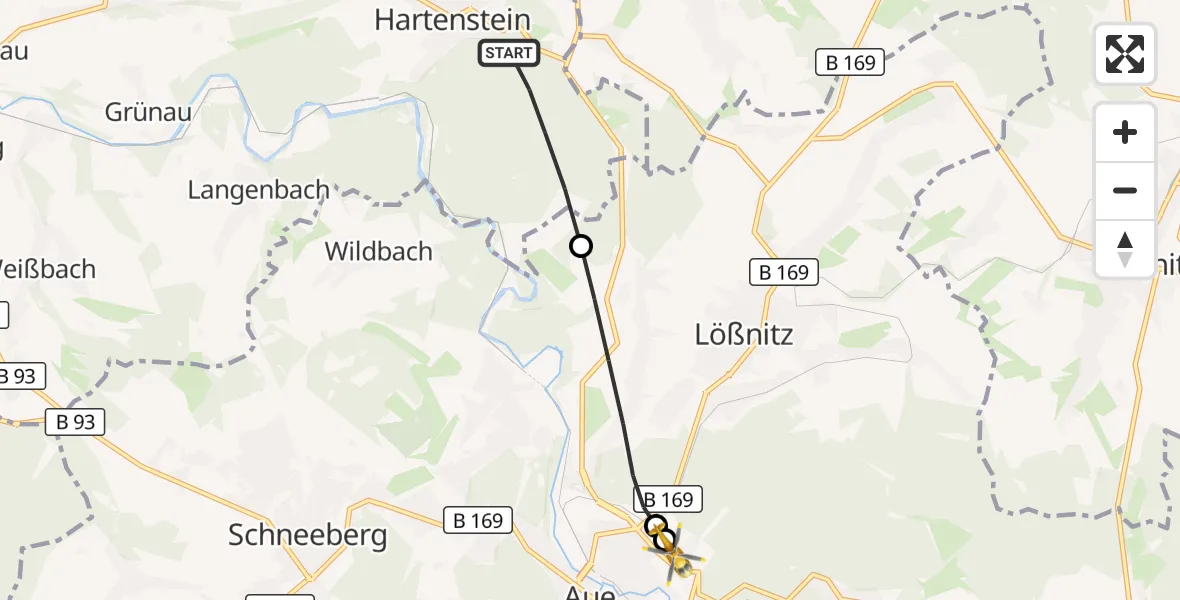Flugroute Rettungshubschrauber Hartenstein - Helios Clinic Aue, 29 Juli 2026, 17:01