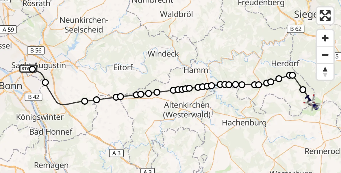Flugroute Polizeihubschrauber Bonn-Hangelar Flugplatz - Emmerzhausen, 29 Juli 2026, 17:03