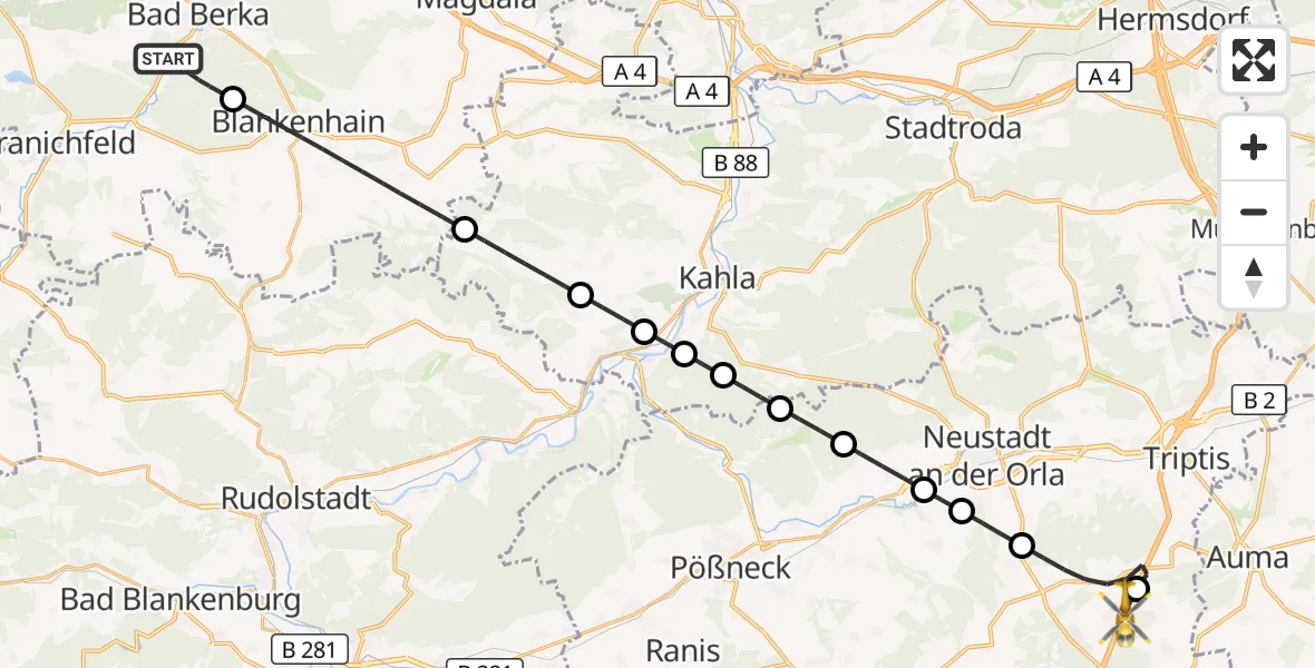 Flugroute Ambulanzhubschrauber Bad Berka - Moßbach, 29 Juli 2026, 17:04