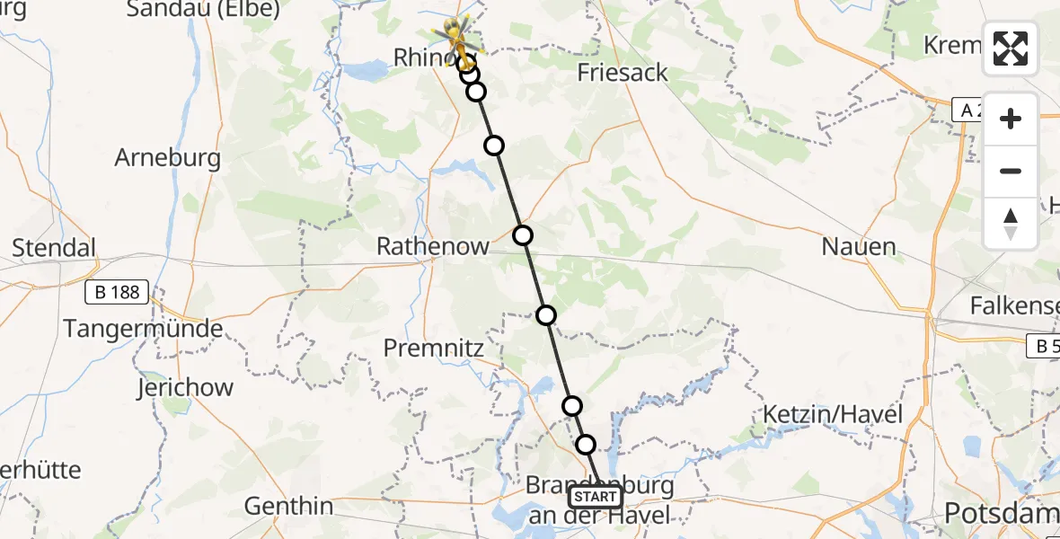 Flugroute Rettungshubschrauber Brandenburg an der Havel - Gollenberg, 29 Juli 2026, 17:08