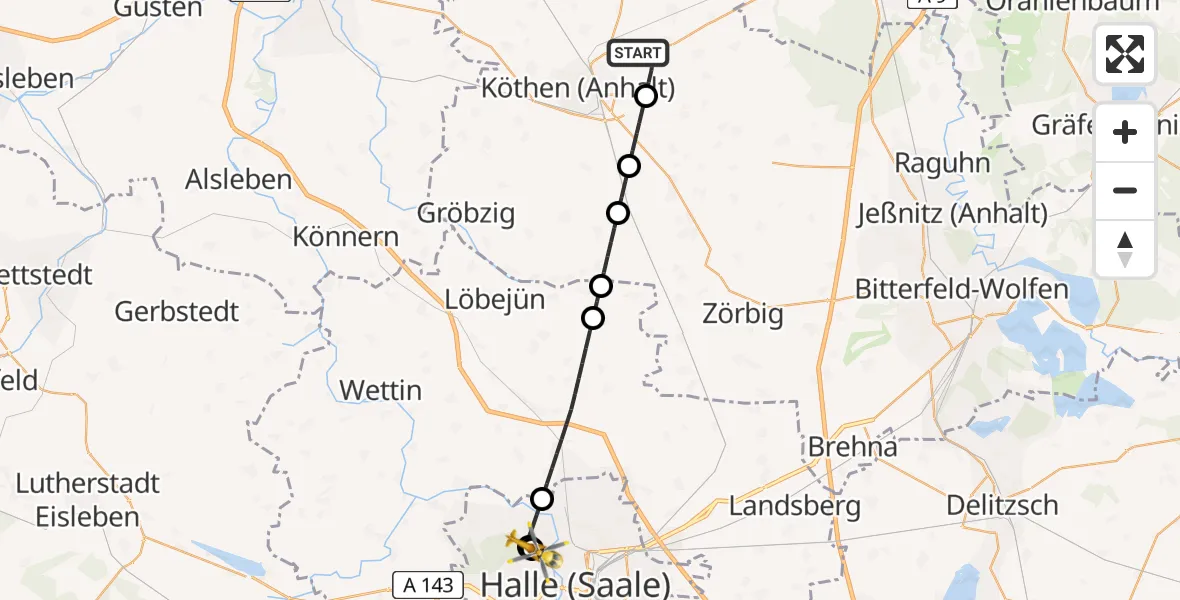 Flugroute Rettungshubschrauber Köthen (Anhalt) - Halle (Saale) University Hospital, 29 Juli 2026, 17:10