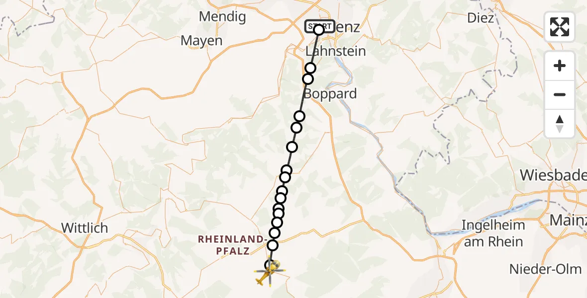 Flugroute Rettungshubschrauber Kemperhof Koblenz Klinikum Hubschrauberlandeplatz - Dickenschied, 29 Juli 2026, 17:11