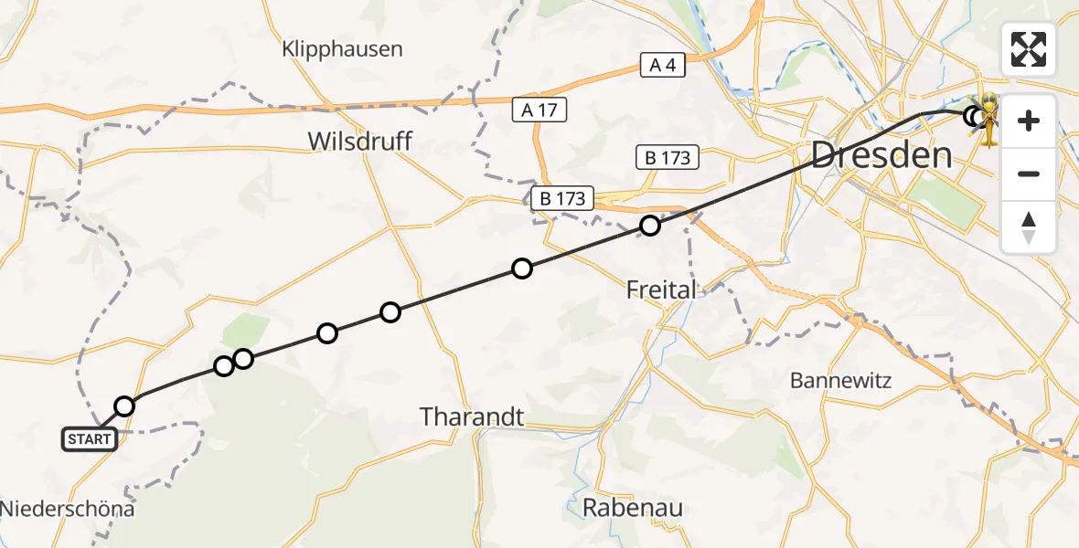 Flugroute Rettungshubschrauber Halsbrücke - Dresden University Hospital, 29 Juli 2026, 17:18