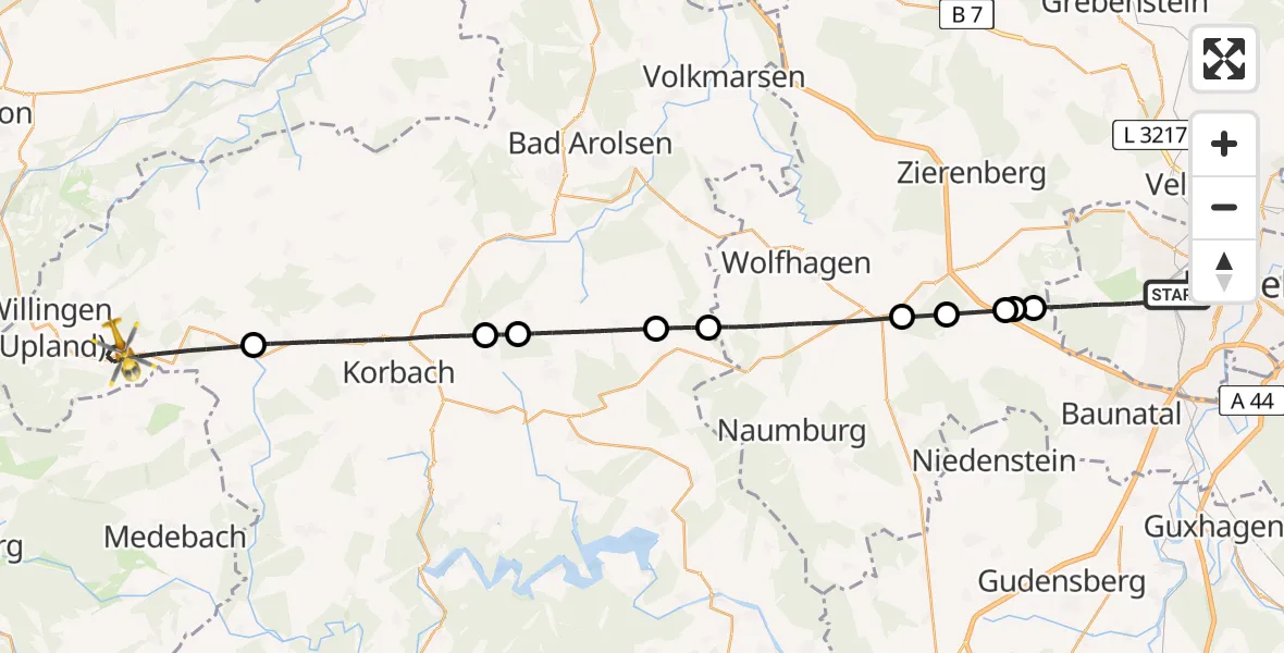 Flugroute Rettungshubschrauber Kassel - Willingen (Upland), 29 Juli 2026, 17:23