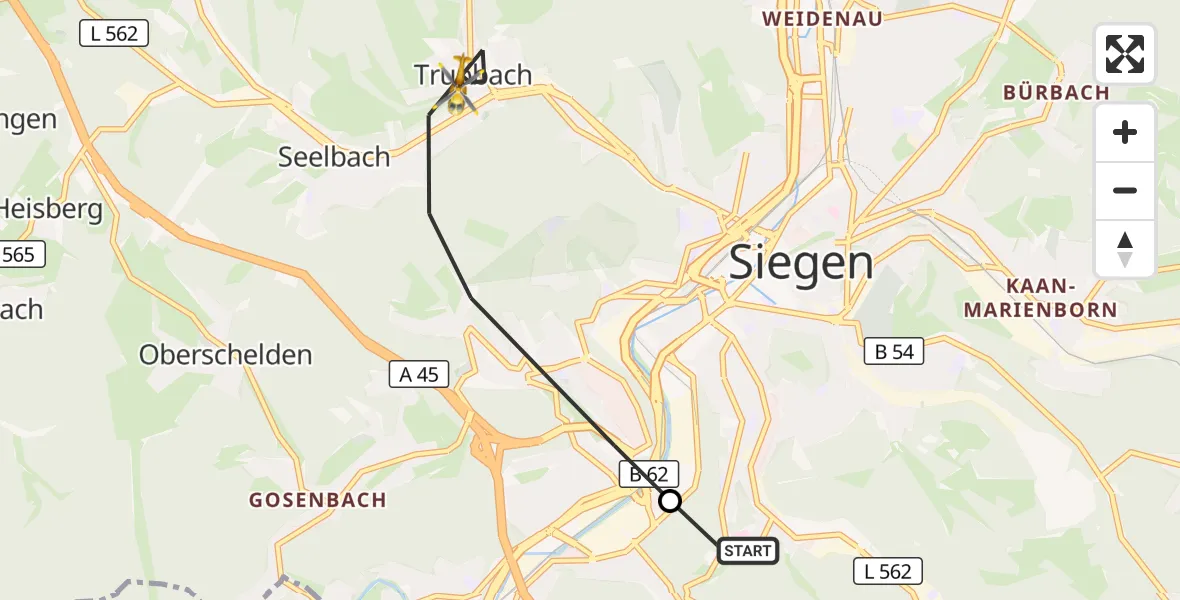 Flugroute Rettungshubschrauber Evangelisches Jung-Stilling Hospital - Siegen, 29 Juli 2026, 17:25