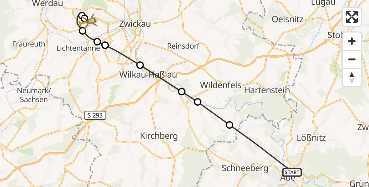 Flugroute Rettungshubschrauber Aue-Bad Schlema - ADAC Air Rescue Station Zwickau Hubschrauberlandeplatz, 29 Juli 2026, 17:26