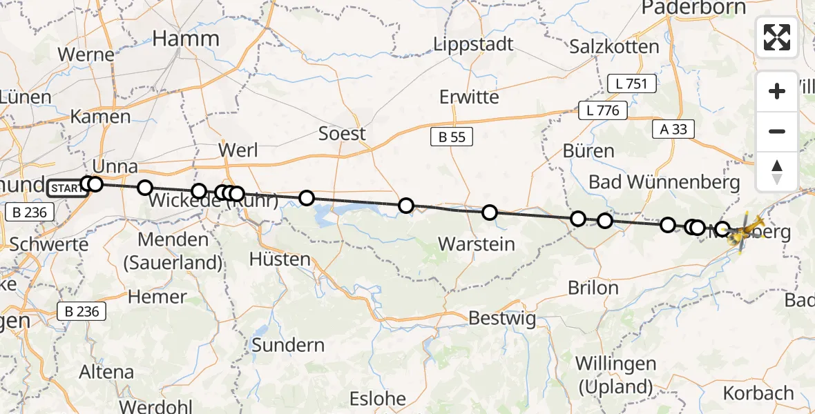 Flugroute Rettungshubschrauber Dortmund Flughafen - Marsberg, 29 Juli 2026, 17:29