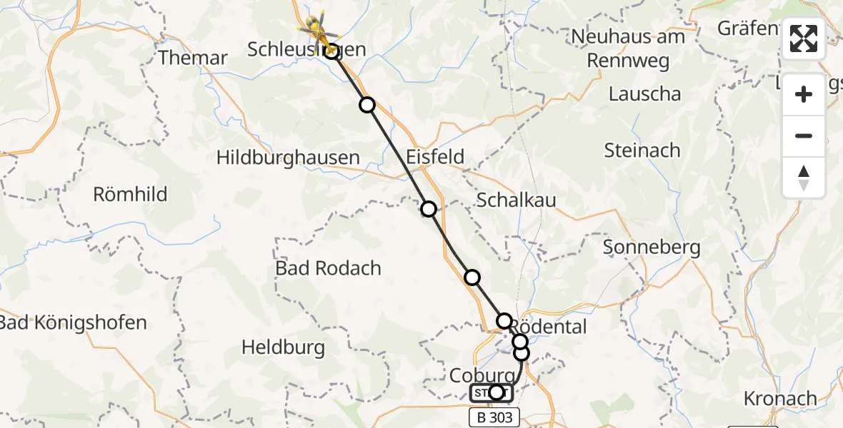 Flugroute Rettungshubschrauber Regiomed Hospital Coburg - Schleusingen, 29 Juli 2026, 17:30