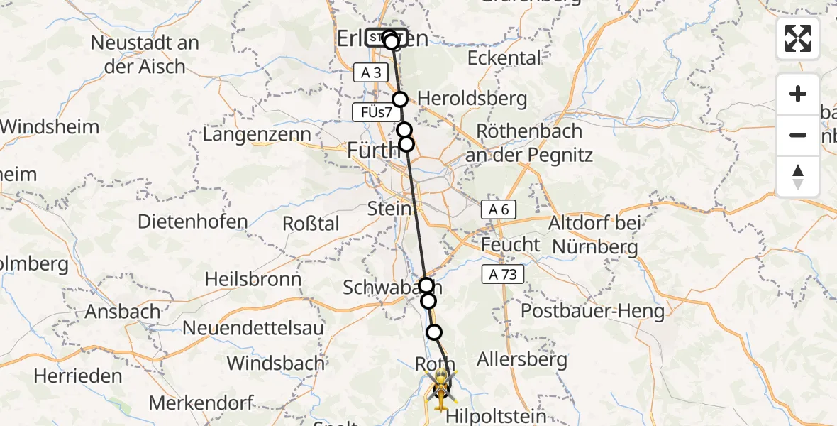 Flugroute Rettungshubschrauber Erlangen University Hospital Rooftop - Flugplatz Roth, 29 Juli 2026, 17:30