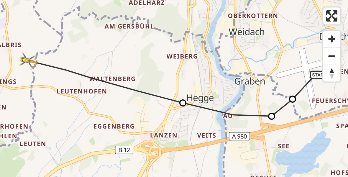 Flugroute Rettungshubschrauber Kempten-Durach Flugplatz - Buchenberg, 29 Juli 2026, 17:31