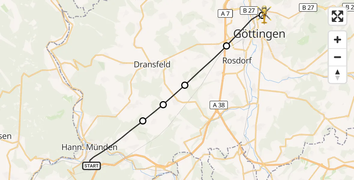 Flugroute Rettungshubschrauber Hann.Münden - Göttingen University Clinic Hubschrauberlandeplatz, 29 Juli 2026, 17:43