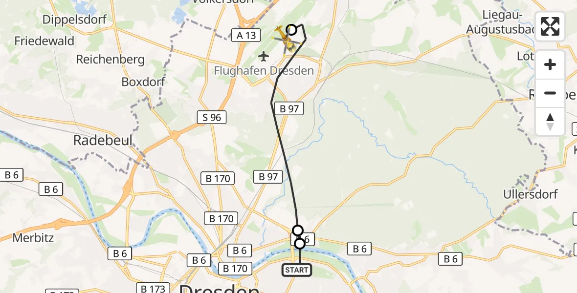 Flugroute Rettungshubschrauber Dresden University Hospital - Dresden Bundespolizei Hubschrauberlandeplatz, 29 Juli 2026, 17:46