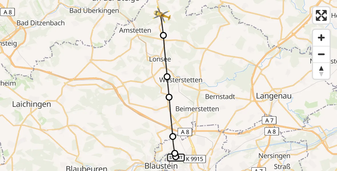Flugroute Rettungshubschrauber Ulm Military Hospital Emergency - Amstetten, 29 Juli 2026, 17:47