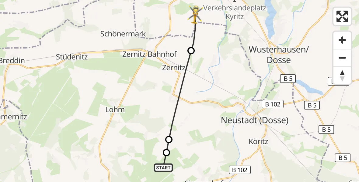Flugroute Rettungshubschrauber Sieversdorf-Hohenofen - Kyritz, 29 Juli 2026, 17:47