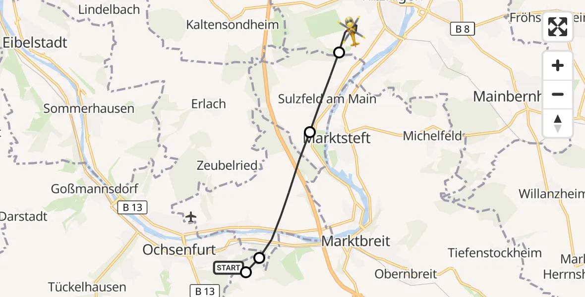 Flugroute Rettungshubschrauber Ochsenfurt Hospital - Kitzingen, 29 Juli 2026, 17:49