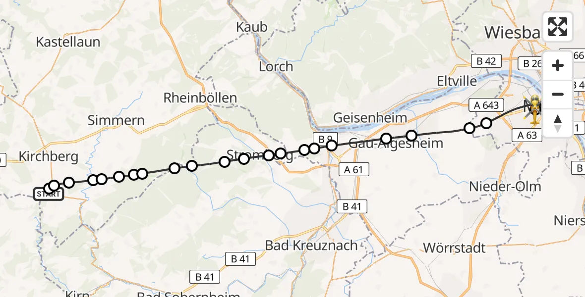 Flugroute Rettungshubschrauber Dickenschied - Mainz University Hospital, 29 Juli 2026, 17:50