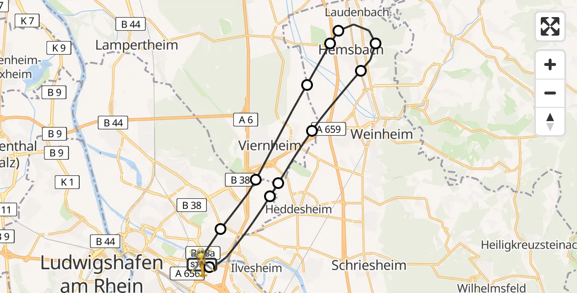 Flugroute Rettungshubschrauber Mannheim-City Flughafen - Mannheim-City Flughafen, 29 Juli 2026, 17:52