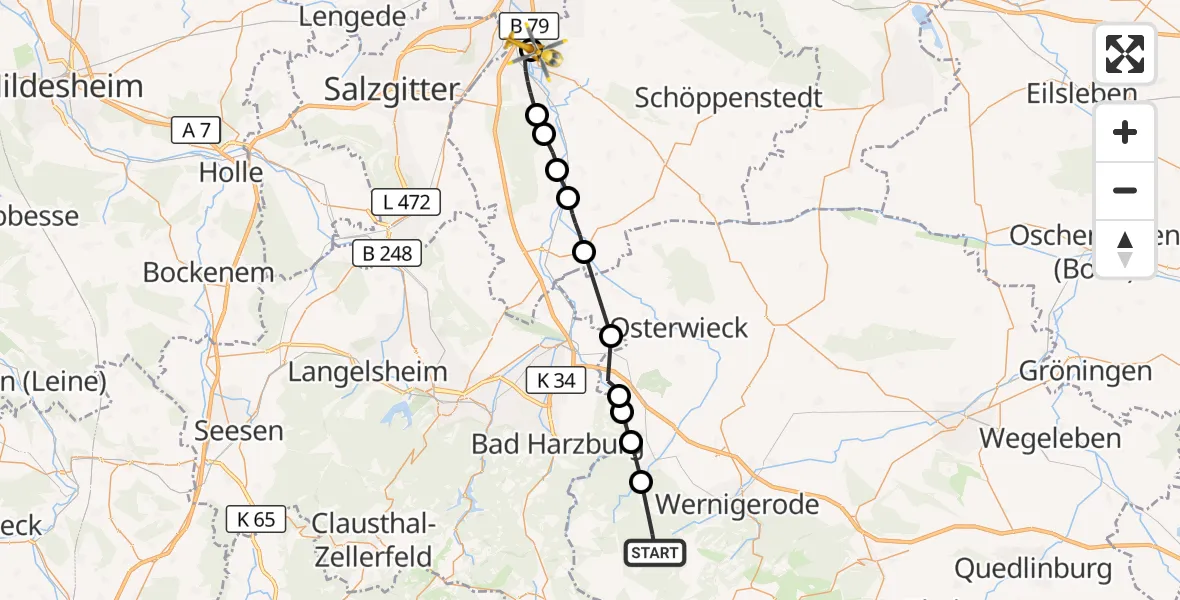 Flugroute Rettungshubschrauber Wernigerode - Wolfenbüttel Municipal Hospital Heliport (Christoph 30), 29 Juli 2026, 17:53