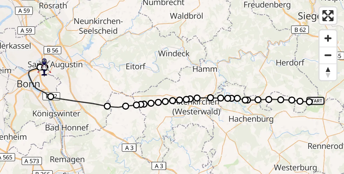 Flugroute Polizeihubschrauber Emmerzhausen - Sankt Augustin, 29 Juli 2026, 17:55