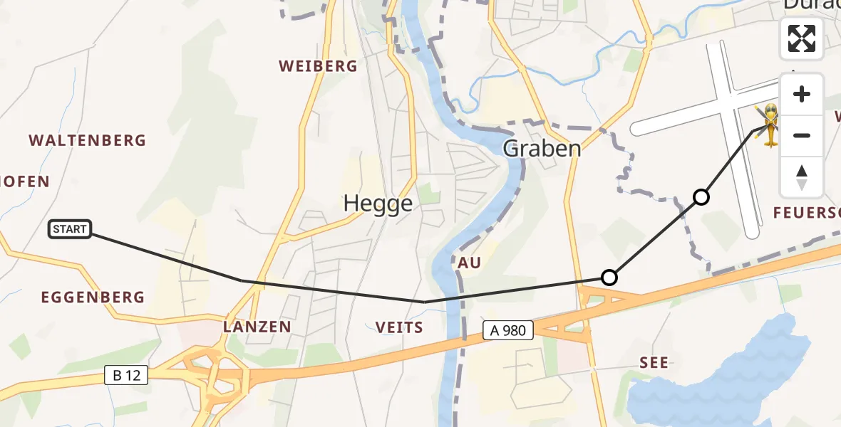 Flugroute Rettungshubschrauber Waltenhofen - Kempten-Durach Flugplatz, 29 Juli 2026, 17:55